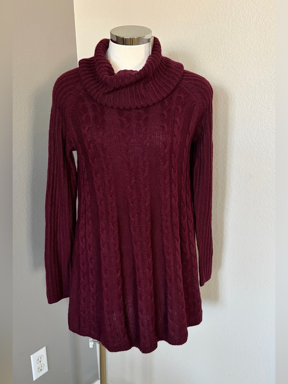 Cupio Cable-Knit Cowl Neck Sweater Tunic - Burgundy